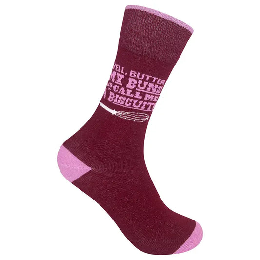 Dark red and pink novelty crew socks with whisk graphic and text: "Well butter my buns and call me a biscuit