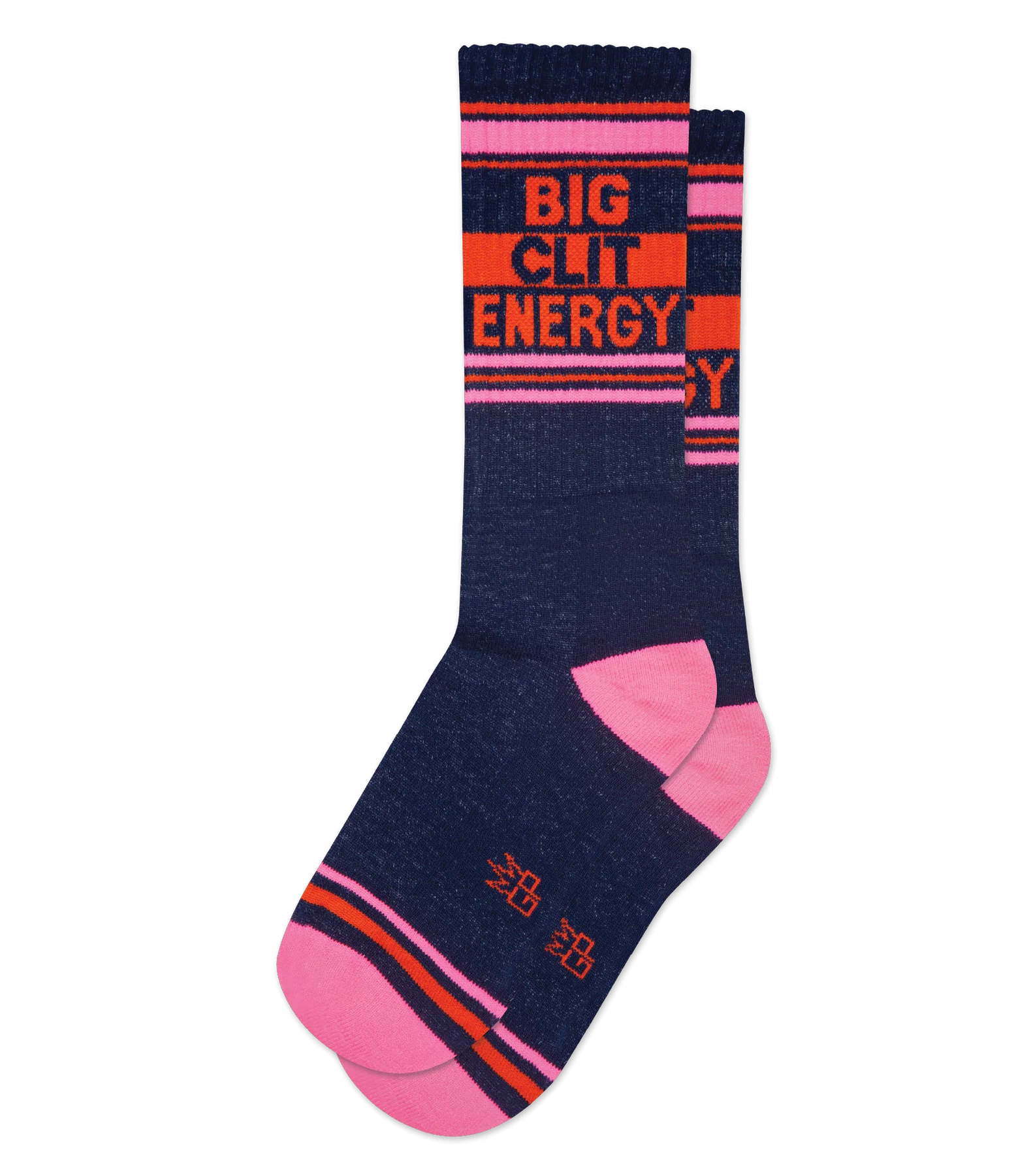 Flat-lay of navy socks with pink toes and heels, featuring 'Big Clit Energy' in orange and pink on a white background.